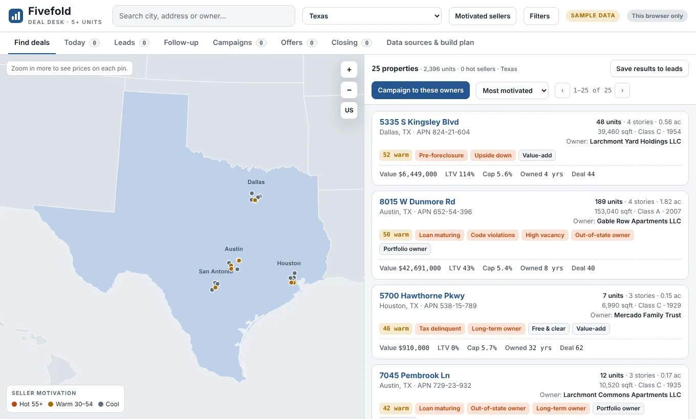 Fivefold app showing a map of Texas with property price pins and a list of apartment buildings with motivation scores and tags